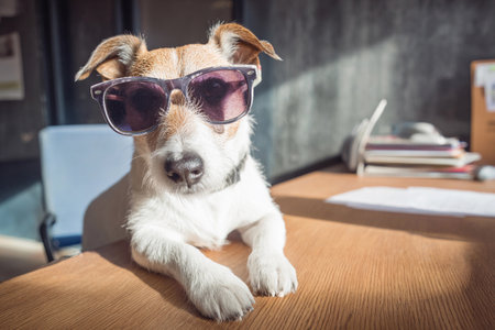 A dog with sunglasses sits on an office desk looking around in a bright room filled with furniture.の素材