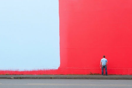 A person stands by a huge wall painted red and blue, looking at the large empty section on the left.の素材