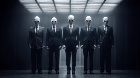 Extraterrestrial beings in suits gather for a meeting at an embassy on Earth, showcasing diversity and unity.の素材