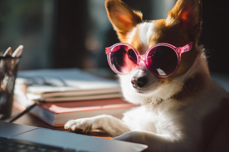 A dog sits on an office desk wearing sunglasses while looking at a laptop during daylight.の素材