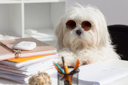 A dog wearing sunglasses sits on an office desk among stacks of papers and writing tools.の素材