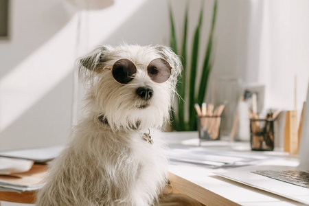 A dog with sunglasses sits on a desk in an office, surrounded by papers and green plants during daytime.の素材