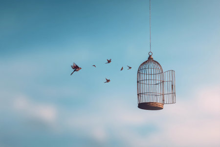 Birds fly out of an open cage into the blue sky, leaving behind their old home.の素材