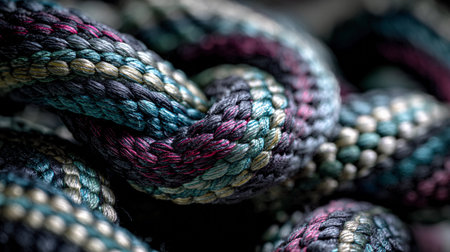 Close-up view of rope fibers shows the detailed texture and color patterns in natural light.の素材