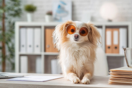 A dog with sunglasses is sitting on an office desk during a workday. The dog gives a fun vibe in the workspace.の素材