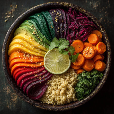 A buddha bowl rainbow features vegetables, quinoa, and lime on a dark wooden surface. Fresh herbs add flavor.の素材