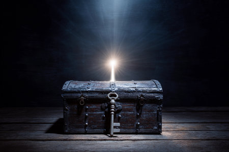 A key unlocks a treasure chest, shining light inside while darkness surrounds the scene.の素材