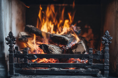 Bright fire burns in the fireplace, warming the space and creating a cozy feeling in the room.の素材