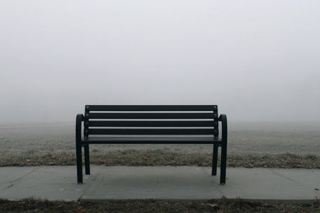 A bench sits alone in a foggy park, surrounded by mist and stillness in the morning light.の素材