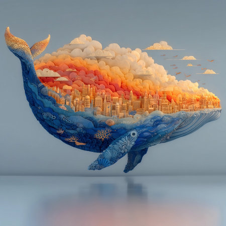 A large whale swims in a cloudy sky over a city during sunset, showing warm colors and city buildings within the clouds.の素材