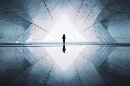 A person stands alone in a large, modern space with sharp angles and smooth surfaces. Light filters through.の素材