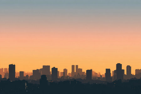 Silhouette of city buildings against a colorful sunset sky. The scene shows nighttime approaching over the city.の素材