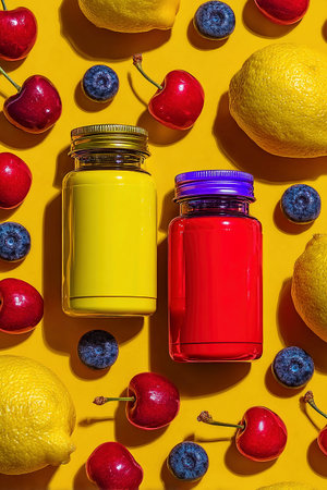 Two bottles of health supplements rest on a yellow surface with fresh fruits like cherries, blueberries, and lemons.の素材