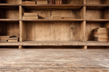 A wooden bookshelf holds several books with empty space nearby for more items or activities.の素材