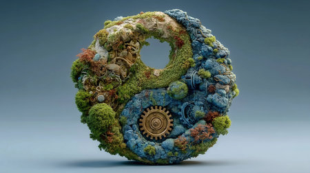 Gears mix with organic materials to form a circle that blends nature and technology together.の素材