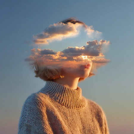 A person stands still with a cloud formation above their head during sunset. Their thoughts appear as fluffy clouds.の素材