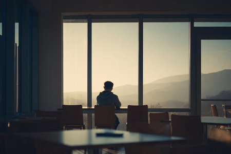 A person sits quietly at a table with a view of mountains through large windows in the evening.の素材