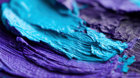 Close-up shot shows the texture of blue and purple paint under natural light on a surface.の素材