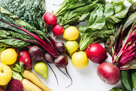 Down view shows assorted fresh produce including leafy greens, roots, and fruits on a flat surface.の素材