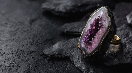 A geode ring rests on a black stone surface, highlighting its rich colors and natural shapes.の素材
