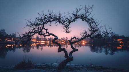 A tree with branches shaped like a heart stands over a lake while lights from buildings shine at dusk.の素材