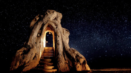 A doorway is carved into the trunk of a tree, leading to a view of many stars in the sky.の素材