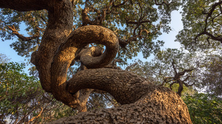 A tree stands with its branches twisting in a spiral reaching towards the sky during daylight.の素材