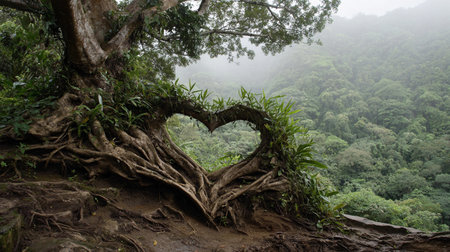 A tree's roots create a heart shape in the forest. The area is lush and covered in mist.の素材