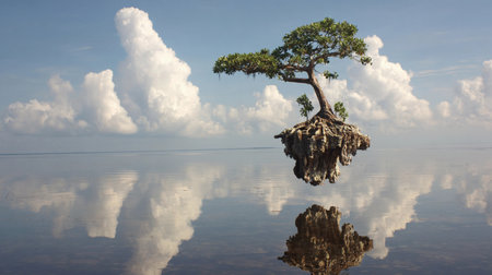 A tree rises from clouds into a lake, showing a reflection of its branches and leaves in the water.の素材