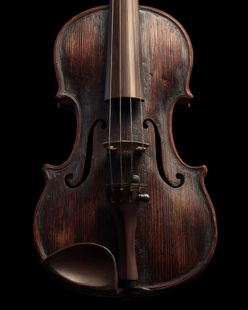 A violin shows its worn wood texture in a studio setting with no distractions around it.の素材