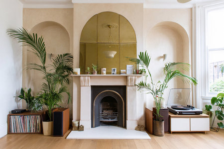 A minimalist living room features a beige fireplace and a gold mirror above it. Plants add life to the room.の素材