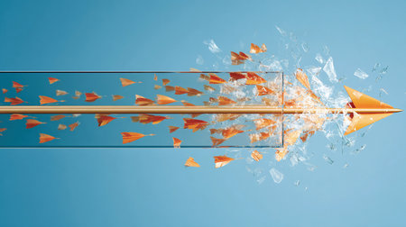 A sharp object moves fast and breaks a glass surface, causing paper airplanes to scatter.の素材