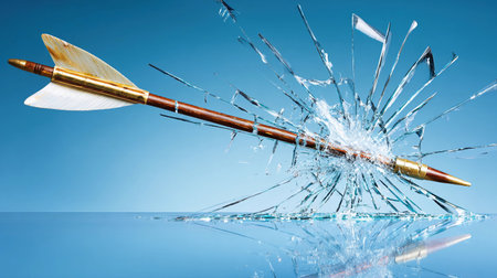 An arrow strikes a glass surface, shattering it into many pieces in a dynamic action moment.の素材
