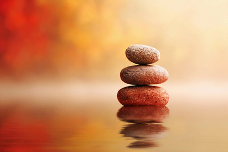 Stones are stacked on a smooth surface, reflecting soft colors in the background with no people present.の素材