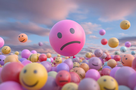 A pink balloon with a sad face is surrounded by many smiling balls in a colorful scene.の素材