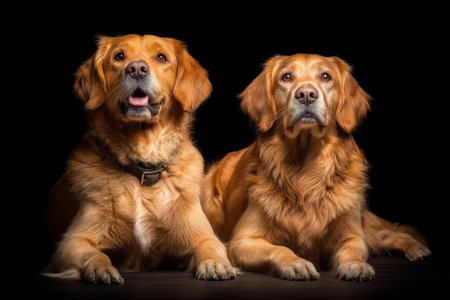 Two golden retriever dogs sit side by side in a dark studio, looking at the camera with interest.の素材