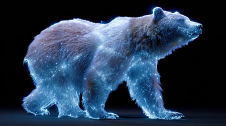 A bear walks through a dark space, covered in bright constellation patterns.の素材