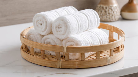 Rolled towels are neatly placed on a wooden tray in a spa. The setting shows a modern space with a tidy environment.の素材