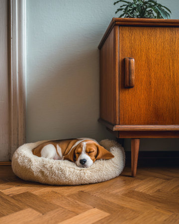A puppy is sleeping in a cream cashmere pet bed next to a wooden cabinet in a room.の素材
