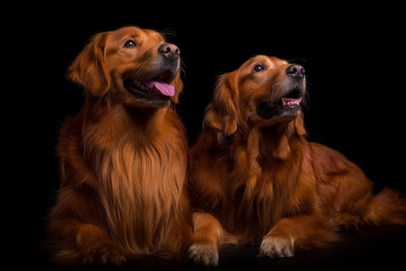 Two golden retriever dogs are sitting next to each other in a dark studio space.の素材