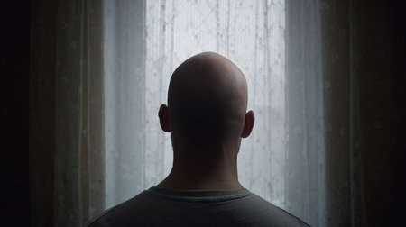 A person stands by a window looking out into a neutral interior space with soft light filtering through.の素材