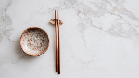 Chopsticks are placed on a ceramic rest next to a bowl on a marble table surface.の素材