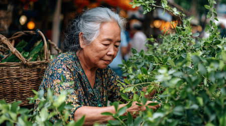 Senior woman carefully arranges sustainable flowers in a vase using fresh blooms at a market stall.の素材