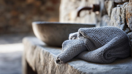 A gray fiber towel is folded neatly on a stone sink in a bathroom area. The textures create an interesting visual.の素材