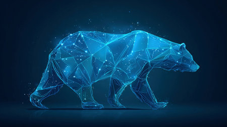 A bear walks through a dark space with glowing patterns all around its body. The scene shows a mix of art and nature.の素材