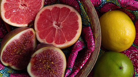 A bowl filled with fresh fruit shows cut figs, lemons, and a lime wrapped in colorful fabric.の素材