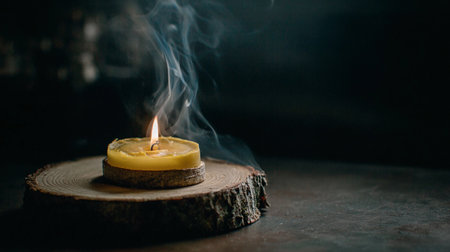 A candle is lit on a wooden holder, producing smoke in a dim environment. The glow reflects on nearby surfaces.の素材