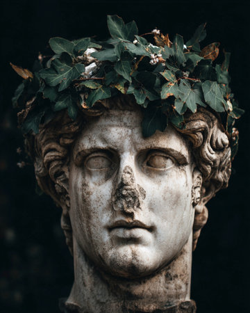 A Greek statue grows living ivy and blooming roses in a garden during daylight.の素材