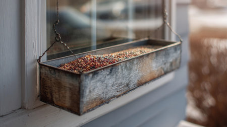 Seed feeder sits in a retro window box as seeds spill over the edge on a sunny afternoon.の素材
