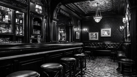 A saloon interior with dark wood, moody lighting, and a lively, chaotic atmosphere created by patrons and decor.の素材